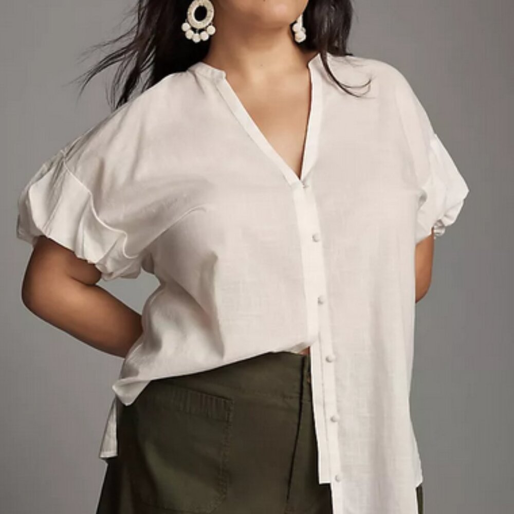 Anthropologie Cream Short-Sleeve Button-Down Ruffle Blouse